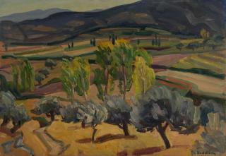 Parnassus Area Landscape with Olive Trees and Other Trees — Oil painting, Fiberboard, 38.00×55.00cm — Theodoros Markellos
